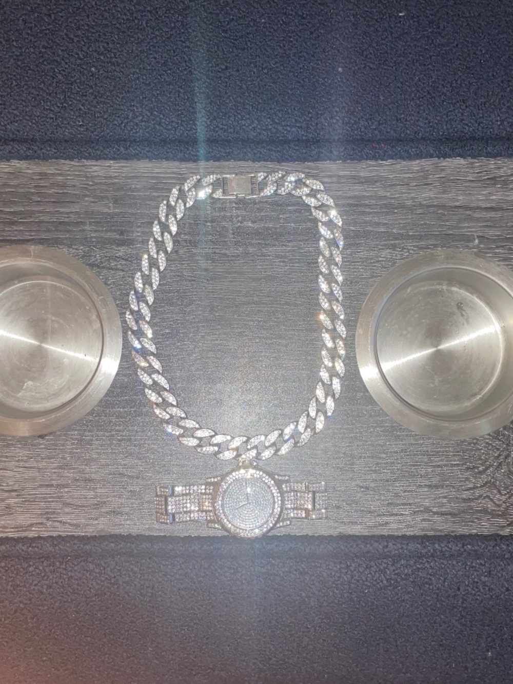 gold-toned iced-out quartz wristwatch featuring paved rhinestones & Cuban link